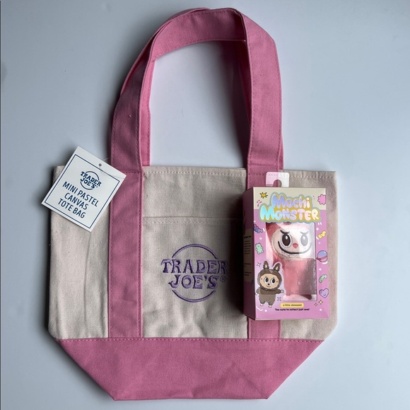 Trader Joe's Pink & Cream Mini Canvas Tote with Mochi Minster Keychain Bundle - Picture 6 of 6